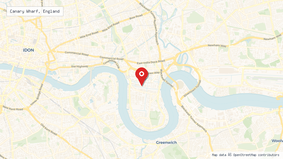 Street map of Canary Wharf, England with location pin