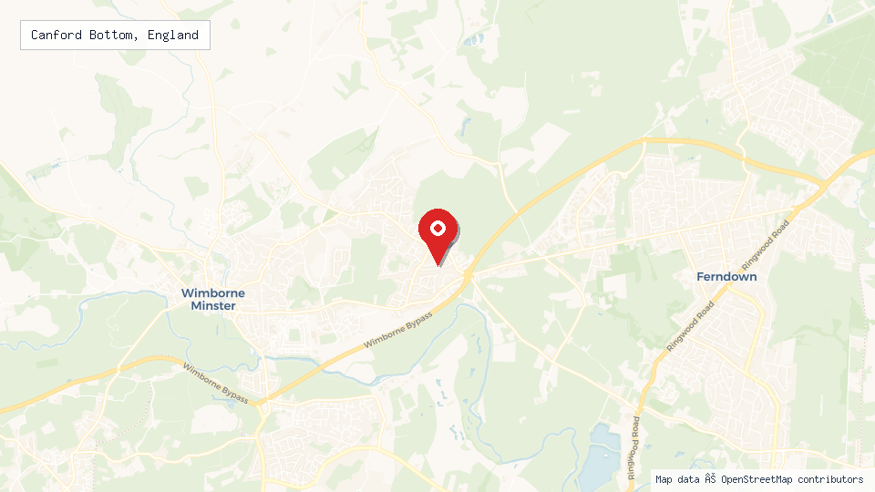 Street map of Canford Bottom, England with location pin