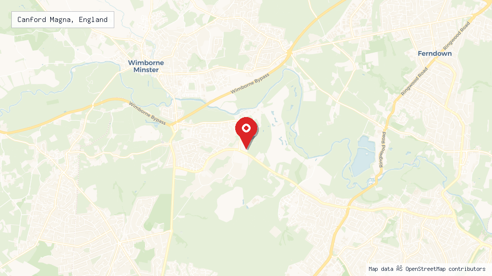 Street map of Canford Magna, England with location pin