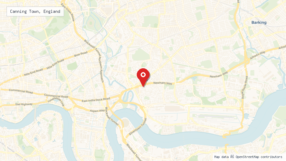 Street map of Canning Town, England with location pin