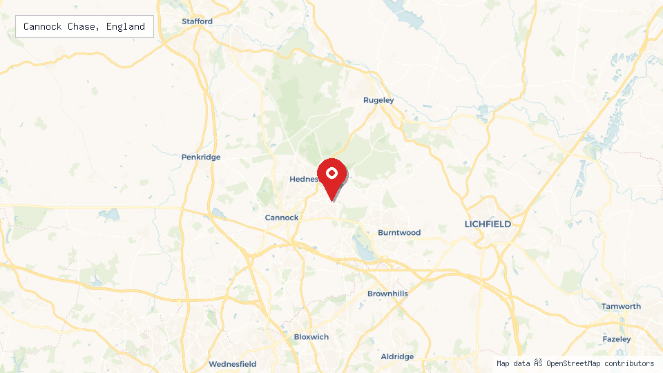 Street map of Cannock Chase, England with location pin