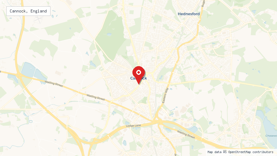 Street map of Cannock, England with location pin