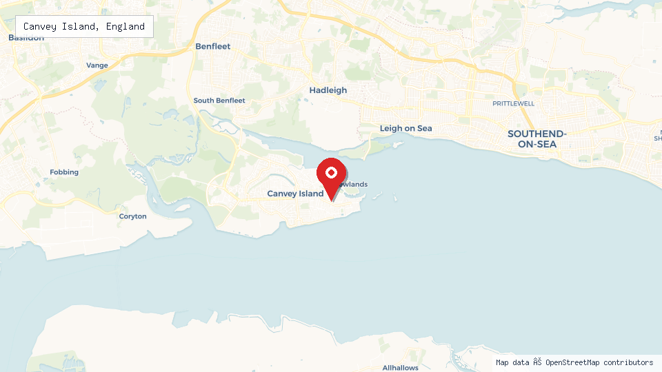 Street map of Canvey Island, England with location pin