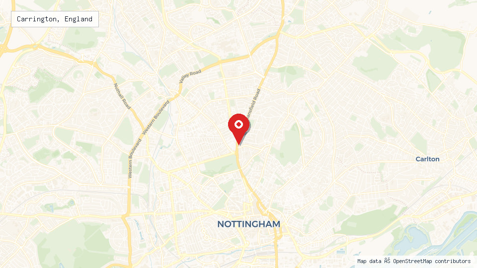 Street map of Carrington, England with location pin