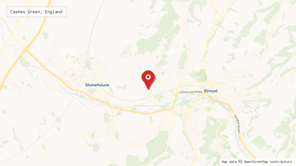 Street map of Cashes Green, England with location pin