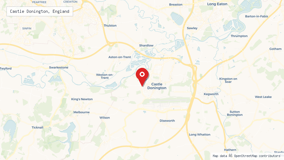 Street map of Castle Donington, England with location pin