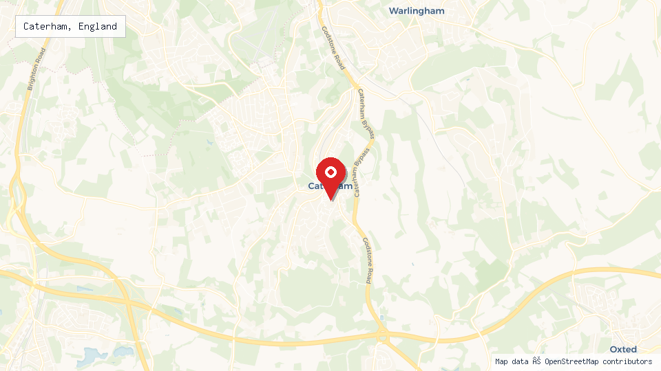 Street map of Caterham, England with location pin