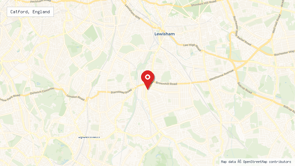 Street map of Catford, England with location pin