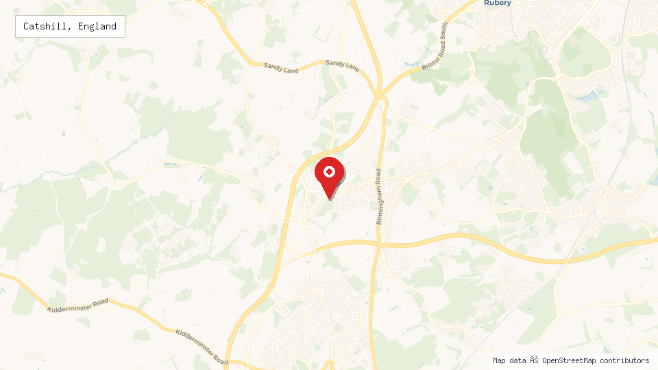 Street map of Catshill, England with location pin