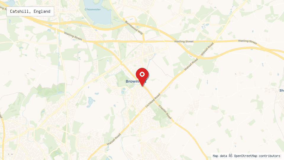 Street map of Catshill, England with location pin