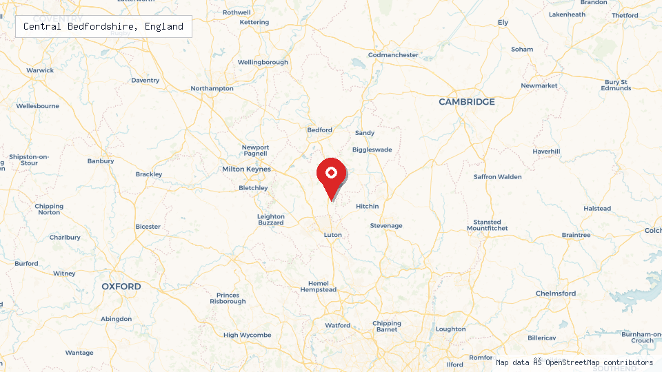 Street map of Central Bedfordshire, England with location pin