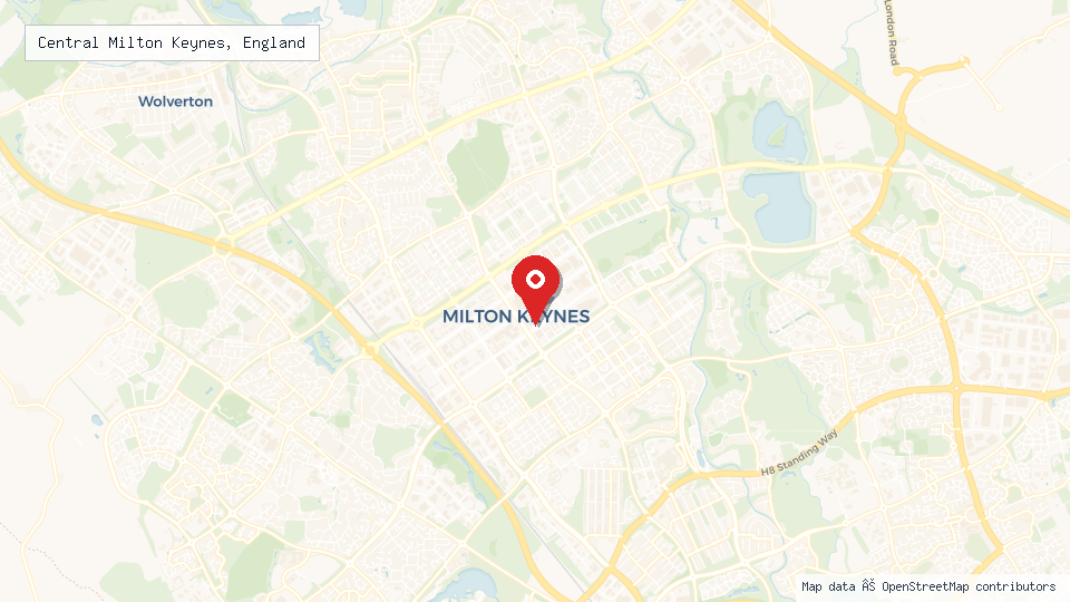 Street map of Central Milton Keynes, England with location pin