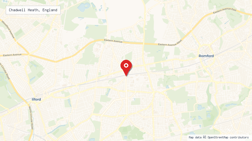 Street map of Chadwell Heath, England with location pin