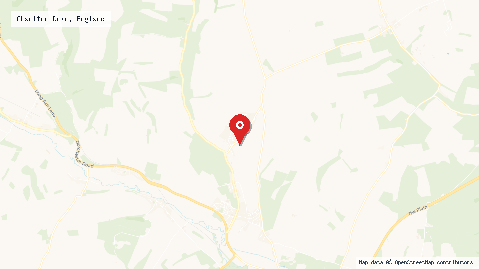Street map of Charlton Down, England with location pin