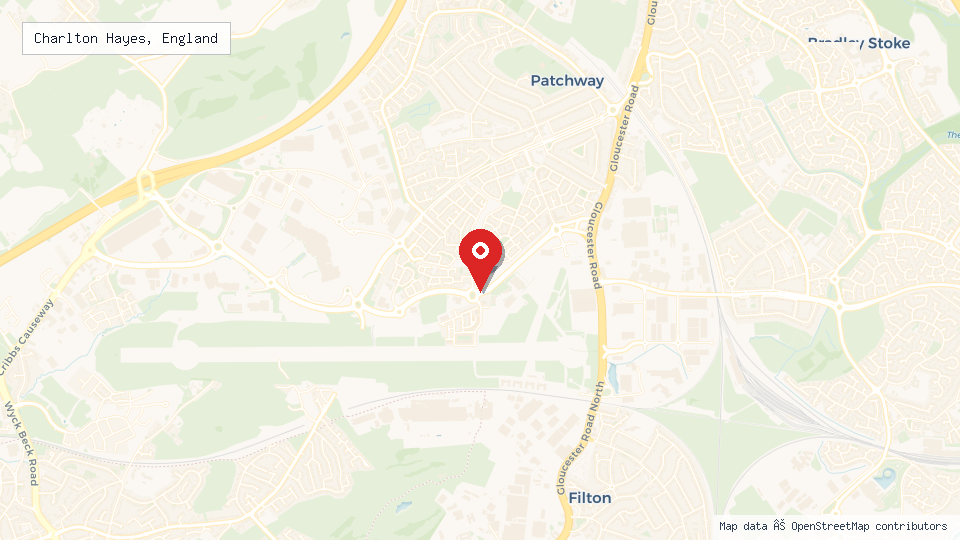 Street map of Charlton Hayes, England with location pin