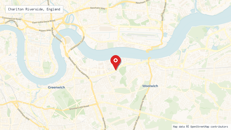 Street map of Charlton Riverside, England with location pin