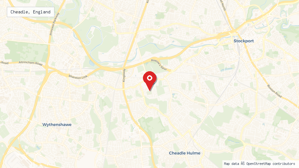 Street map of Cheadle, England with location pin