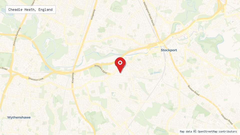 Street map of Cheadle Heath, England with location pin