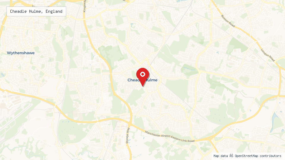 Street map of Cheadle Hulme, England with location pin