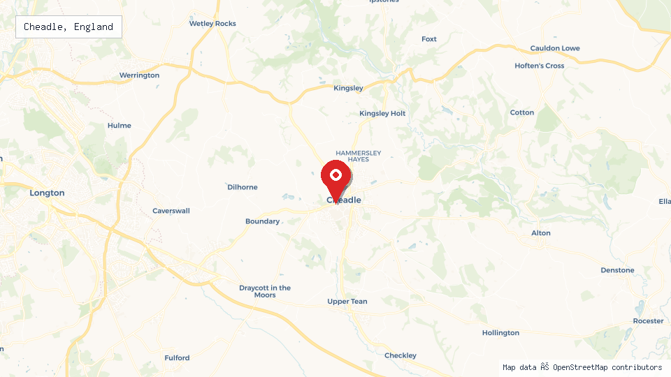 Street map of Cheadle, England with location pin