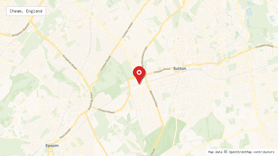 Street map of Cheam, England with location pin
