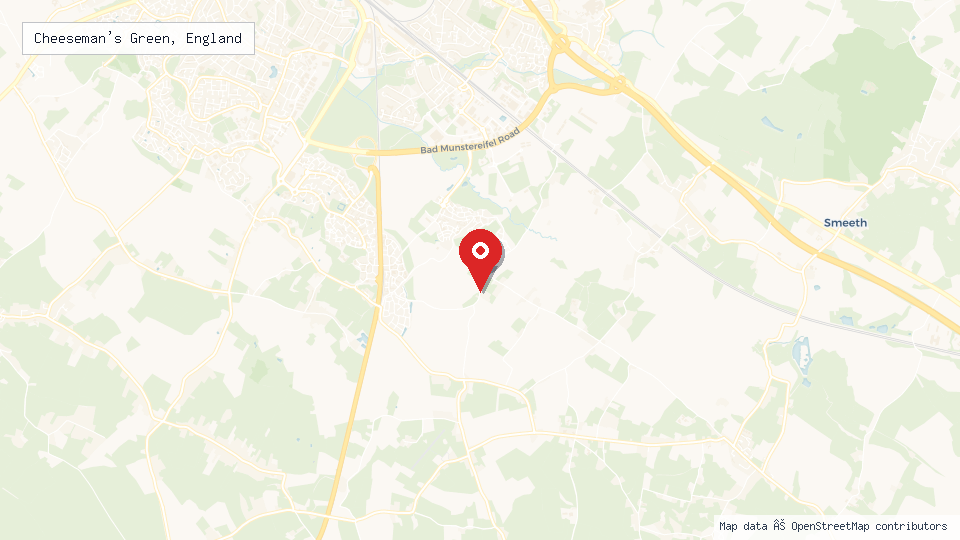 Street map of Cheeseman's Green, England with location pin