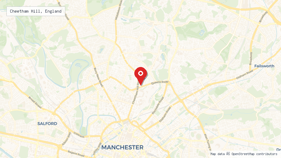 Street map of Cheetham Hill, England with location pin