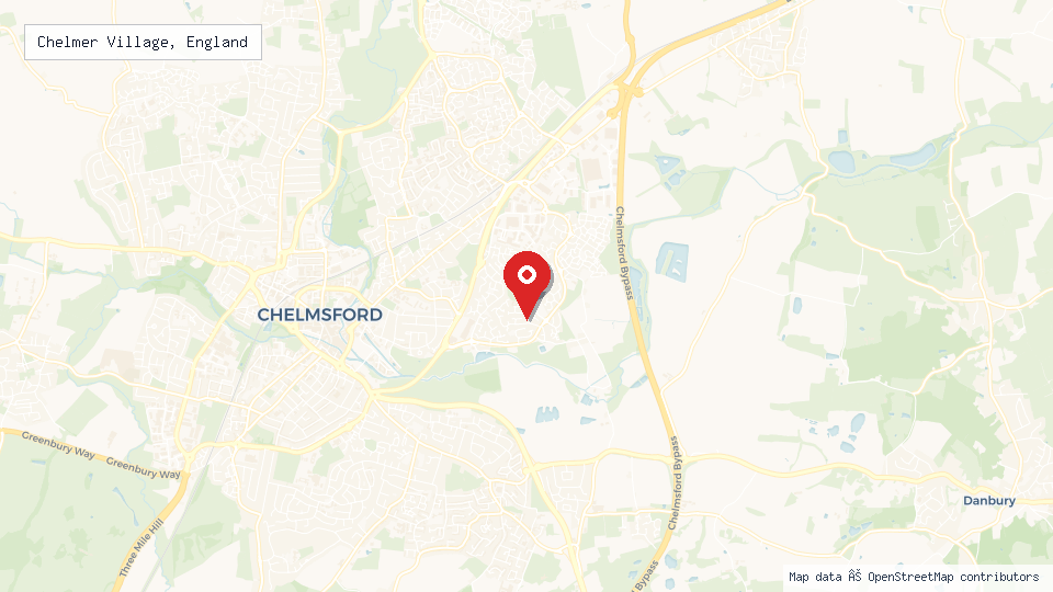 Street map of Chelmer Village, England with location pin