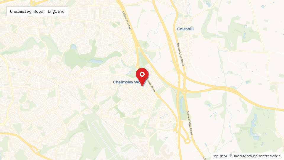 Street map of Chelmsley Wood, England with location pin