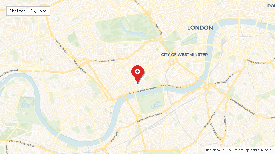 Street map of Chelsea, England with location pin