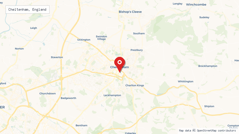Street map of Cheltenham, England with location pin