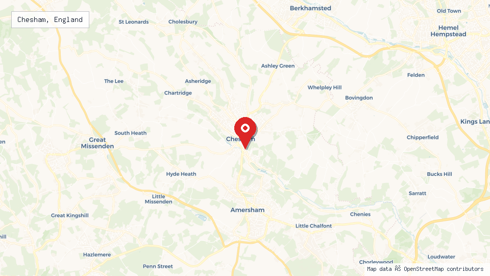 Street map of Chesham, England with location pin