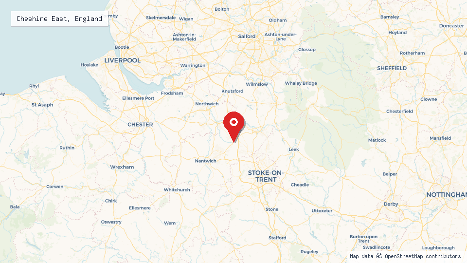 Street map of Cheshire East, England with location pin