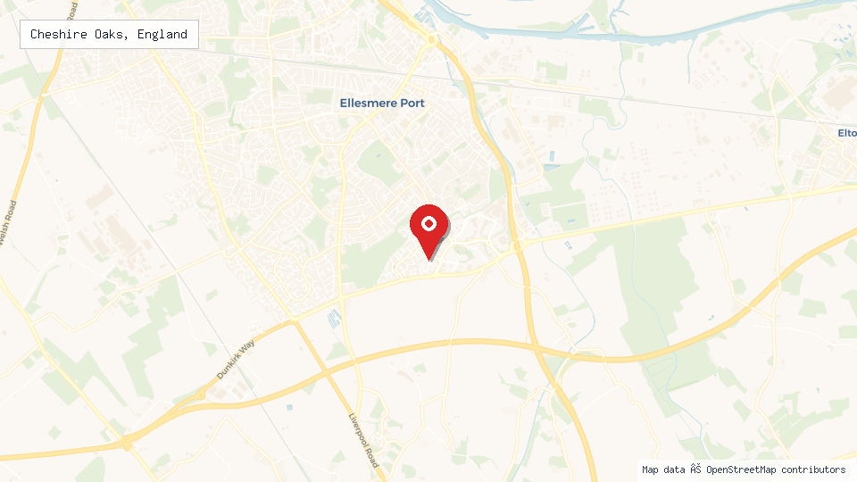 Street map of Cheshire Oaks, England with location pin