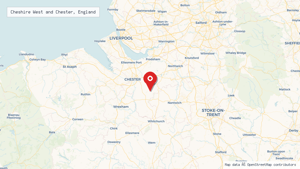 Street map of Cheshire West and Chester, England with location pin
