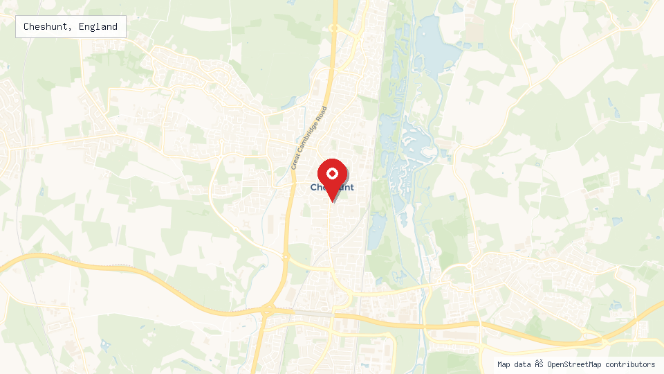 Street map of Cheshunt, England with location pin