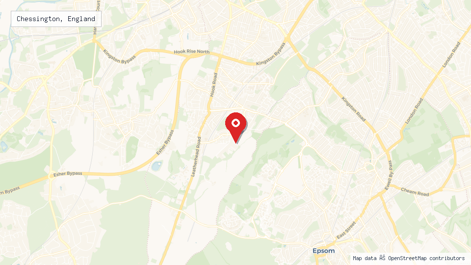Street map of Chessington, England with location pin
