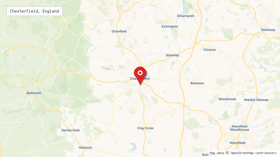 Street map of Chesterfield, England with location pin