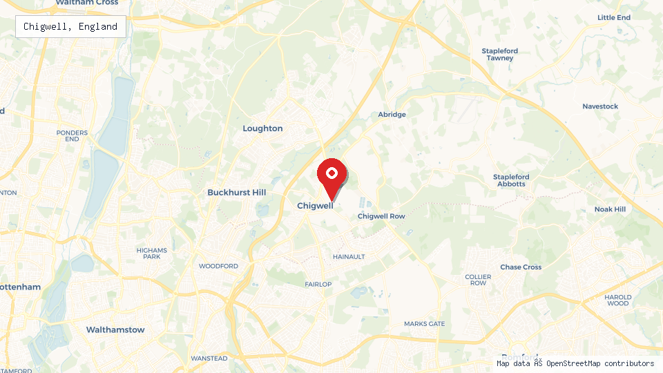 Street map of Chigwell, England with location pin