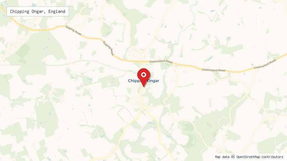 Street map of Chipping Ongar, England with location pin