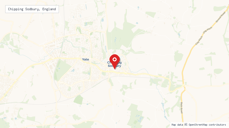 Street map of Chipping Sodbury, England with location pin