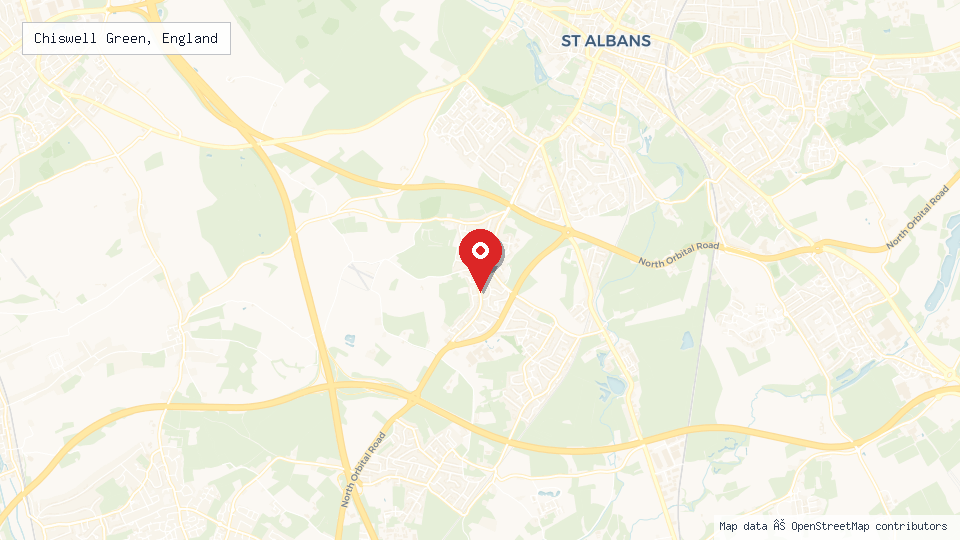 Street map of Chiswell Green, England with location pin
