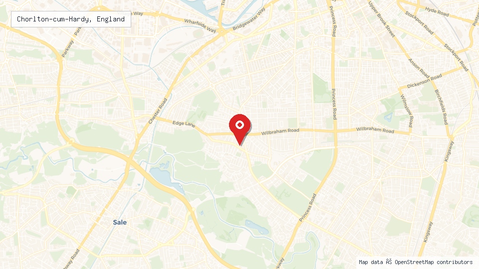 Street map of Chorlton-cum-Hardy, England with location pin