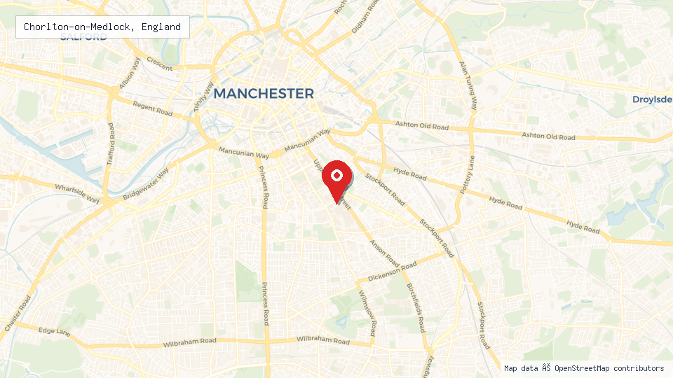 Street map of Chorlton-on-Medlock, England with location pin