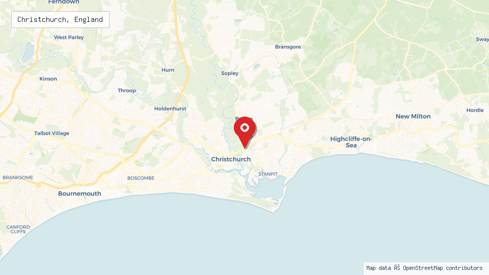 Street map of Christchurch, England with location pin