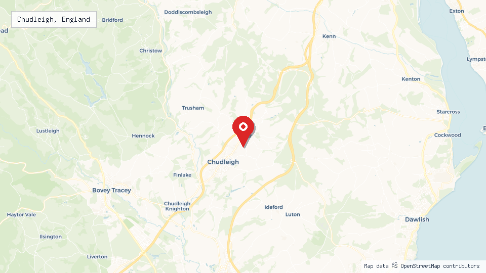 Street map of Chudleigh, England with location pin