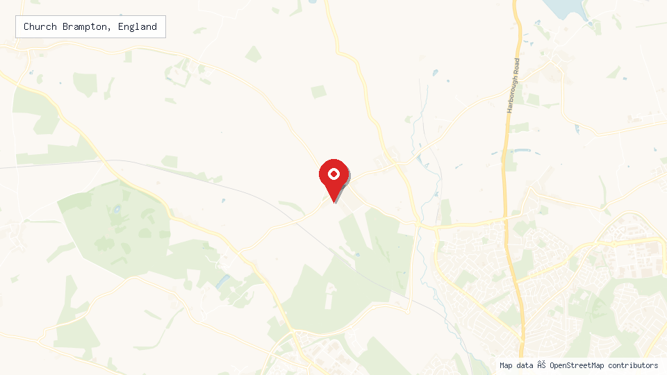Street map of Church Brampton, England with location pin