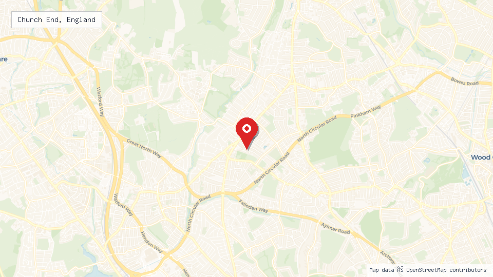 Street map of Church End, England with location pin