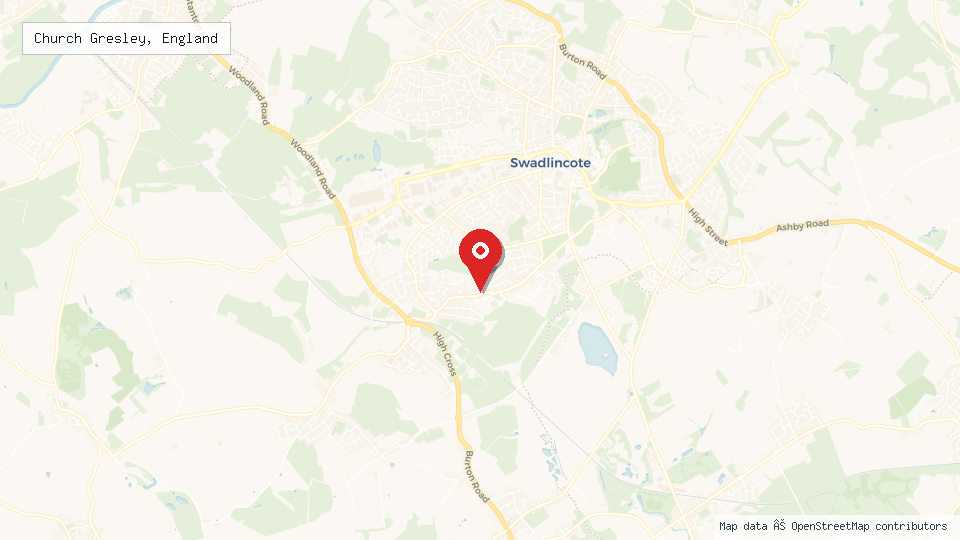 Street map of Church Gresley, England with location pin