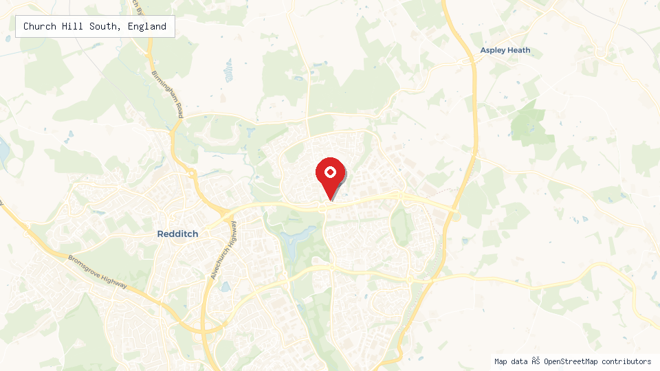 Street map of Church Hill South, England with location pin